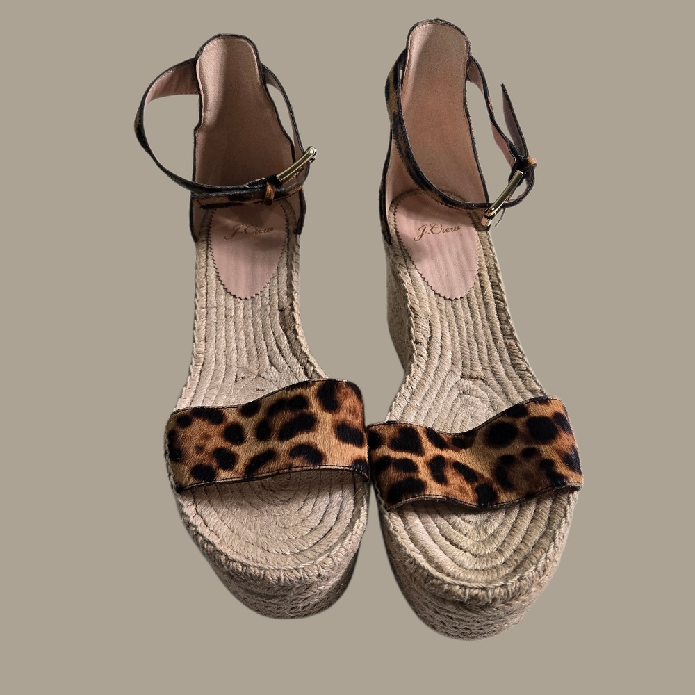 J Crew Espadrille Wedge Sandals Brown Tan Leopard Calf Hair Platform 10